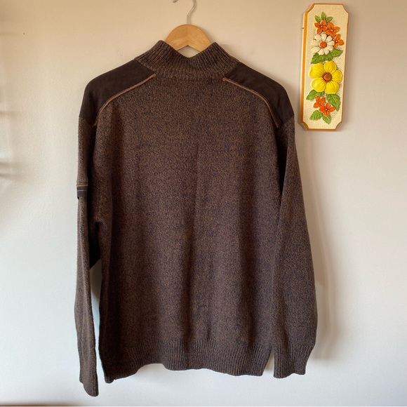 Vintage 90s Brown Half Zip Sweater with Suede Shoulders - Picture 3 of 5